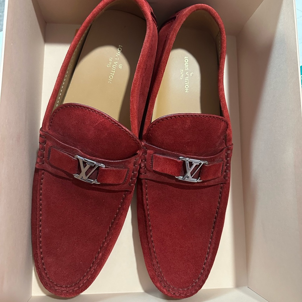 Louis Vuitton Men's Red Suede Loafers with Silver LV Hardware